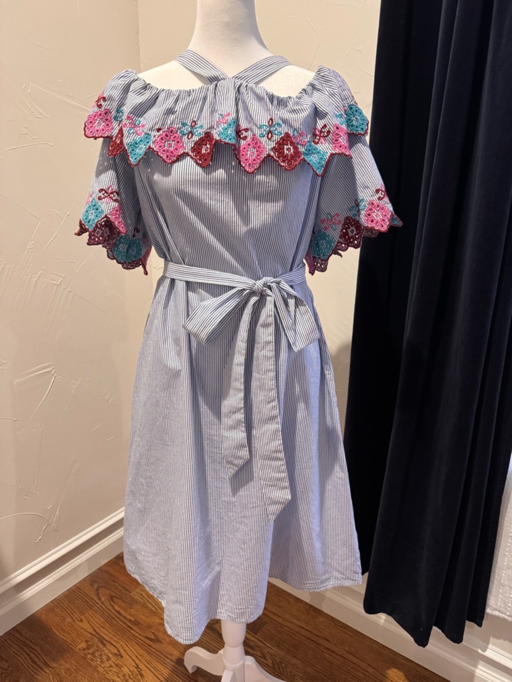Striped Off-Shoulder Dress with Floral Embroidered Trim